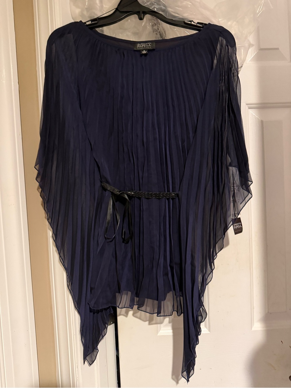 Adrianna Papell Navy Pleated Chiffon Tunic with Braided Belt